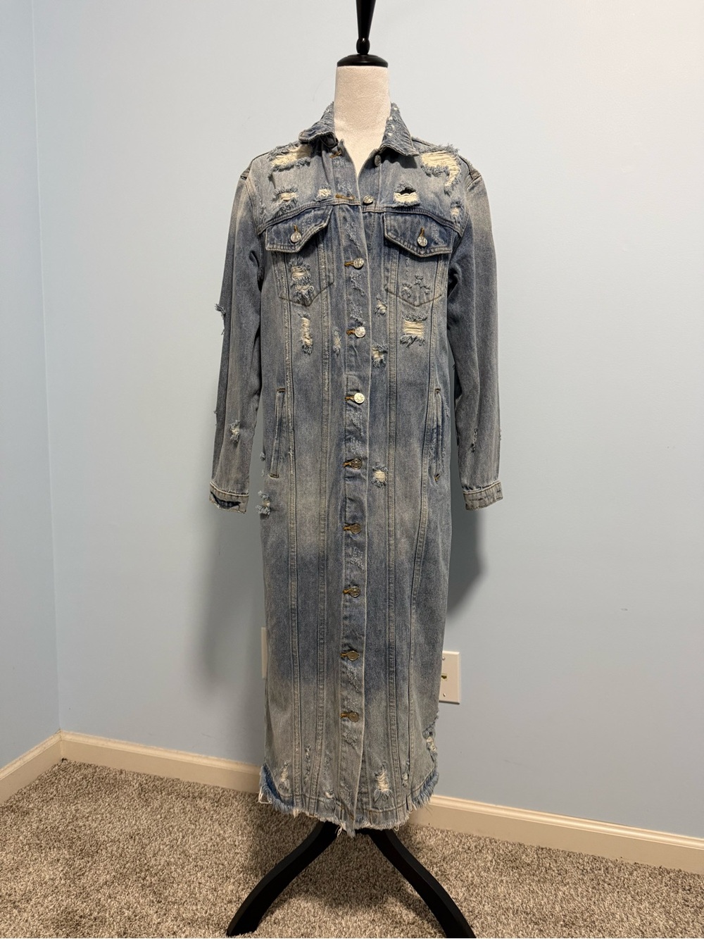 Mustard Seed Women’s Light Blue Distressed Jean Coat Jacket Size Small
